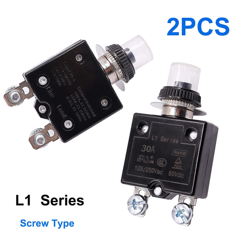 [Australia - AusPower] - mxuteuk 2Pcs 30Amp Circuit Breakers Push Button Manual Reset 125/250V AC 50V DC, L1 Series Overload Protector Switch Thermal Circuit Breakers with Waterproof Button Caps L1-ls-30A 30A 