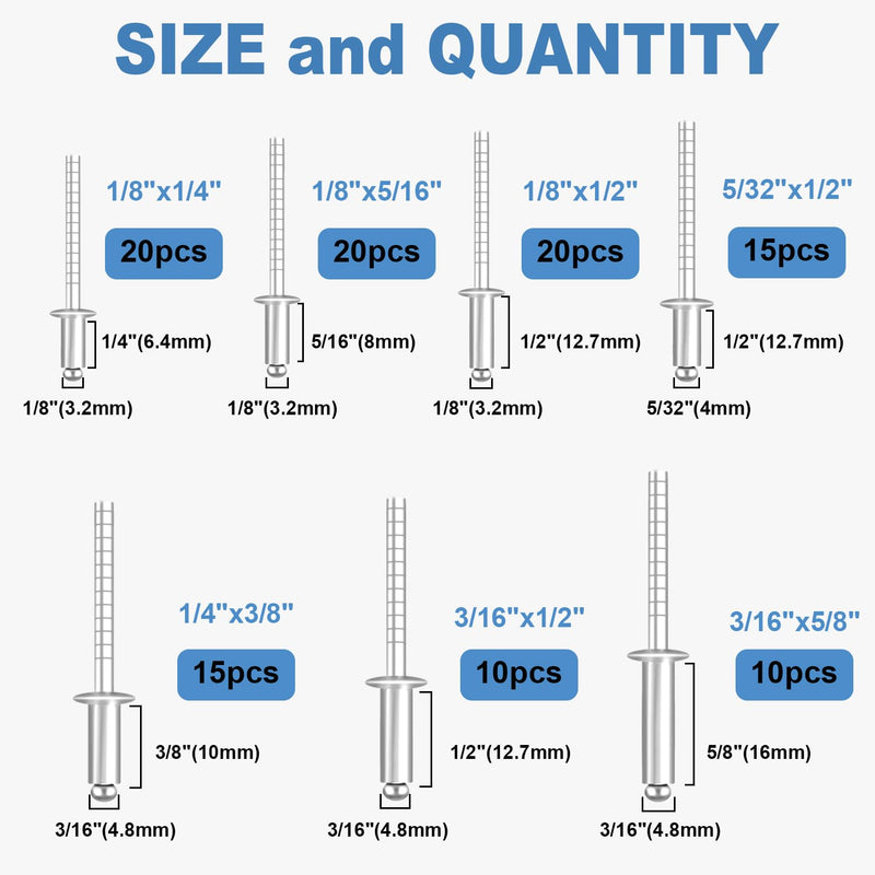 [Australia - AusPower] - 110pcs 7-Sizes 304 Stainless Steel Pop Rivets Assortment Kit 1/8",5/32",3/16" Pop Rivets Stainless Steel Blind Rivets kit Rosette Rivets Stainless Steel Rivet 