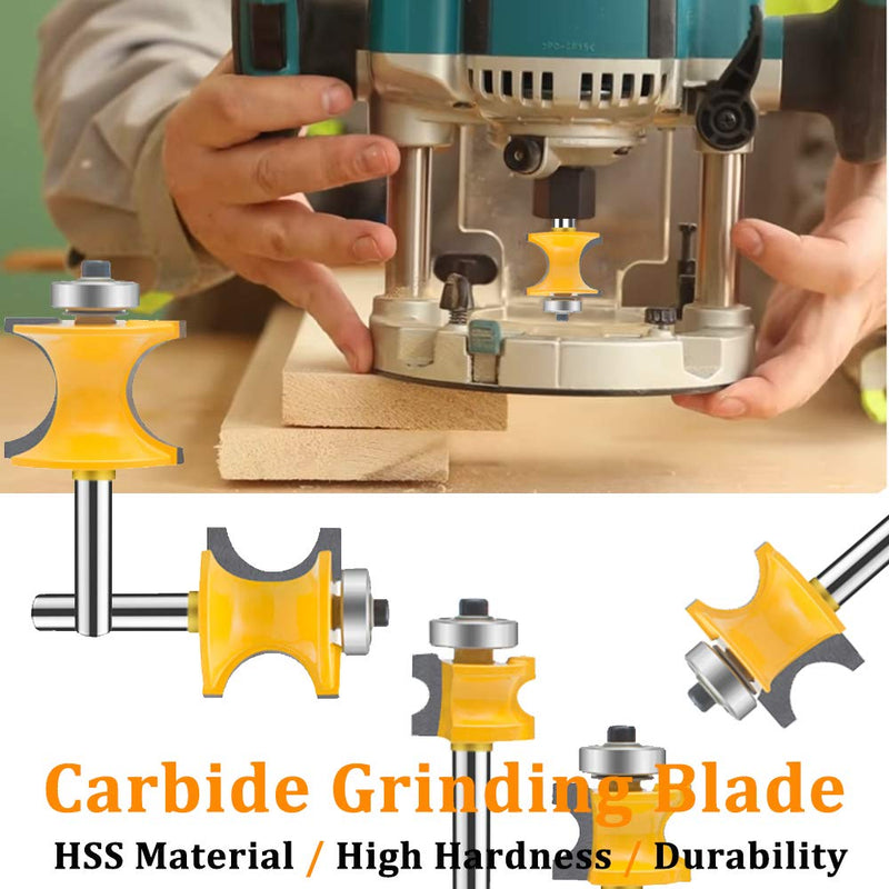 TAIWAIN 5PCS Router Bit Set Woodworking Cutter 1/4 Inch Shank, Half Round Bearing Bullnose Milling Door Cabinet Drawer Cutter Bits, Carbide Tipped Round Edge Cutting Ball Blade Radius(G1-G) G1-G