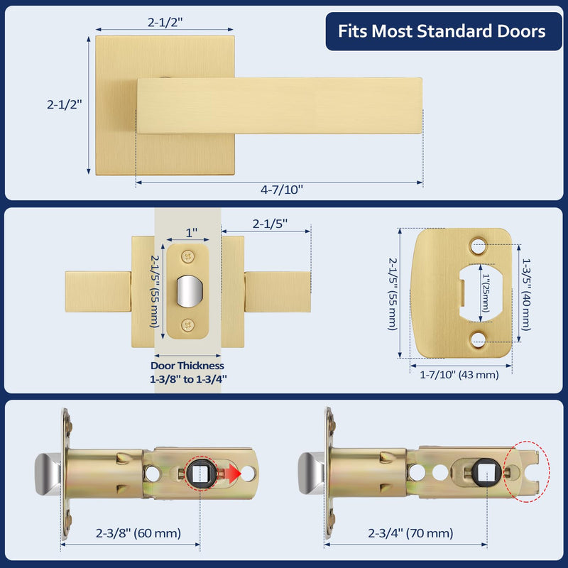 1 Pack Brushed Gold Door Handles, Passage Door Knob Without Lock, Interior Hallway/Closet Door Handle, Keyless Square Door Lever, Left/Right Reversible Satin Brass Passage Door Lever 1