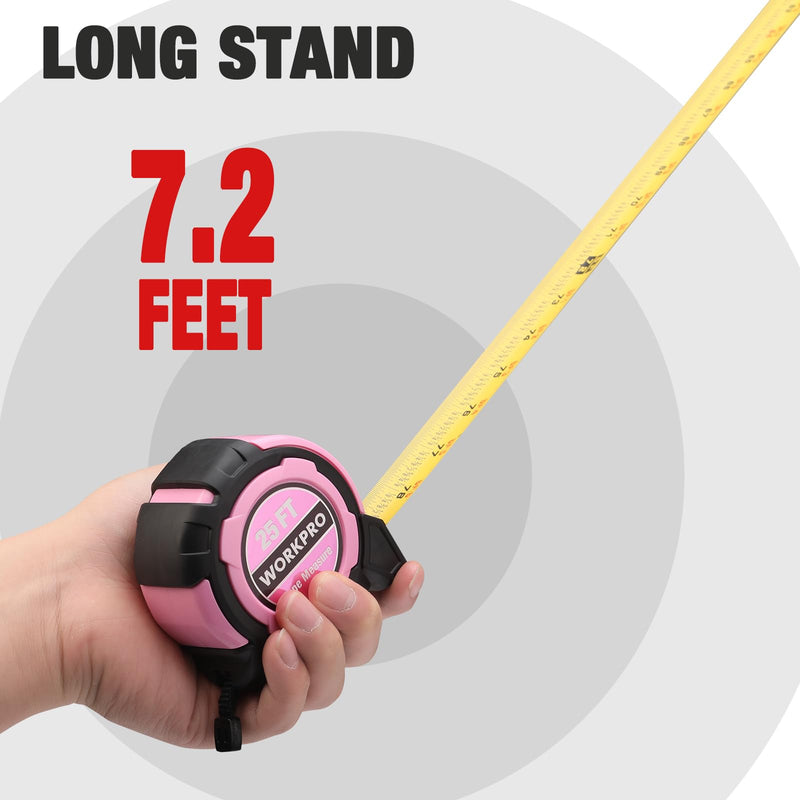 [Australia - AusPower] - WORKPRO 25FT Pink Tape Measure, 1/8 Fractions Easy Read Measuring Tape, Retractable Nylon Coating Measurement Tape Accuracy 1/32, Magnetic Hook, Belt Clip, Rubber Protective Casing 