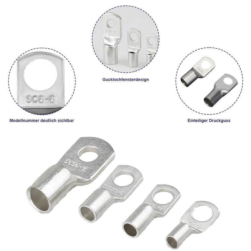 [Australia - AusPower] - Pack of 20 Cable Lugs 10 mm2 Tube Cable Lug M6 Ring Cable Lug Thickened Copper Uninsulated SC Cable Lugs Silver (Silver, SC35-8) 