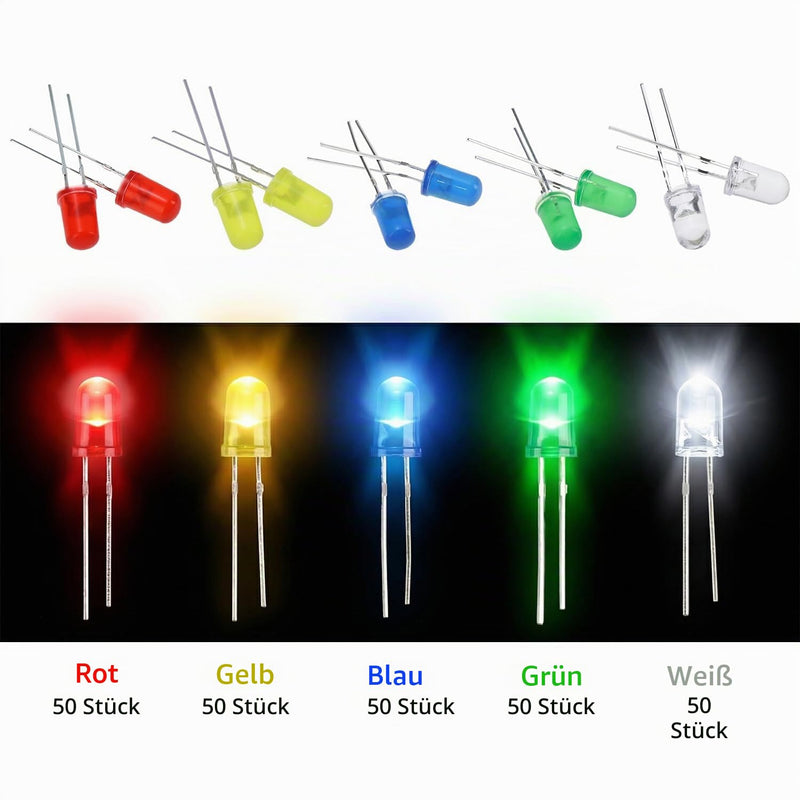QWORK® 5 mm LED Light Emitting Diodes Set, 250 Pieces - 5 Colors Diffuse Round Head Diodes 3V-3.2V for Science Projects, Model Making & Electronics DIY
