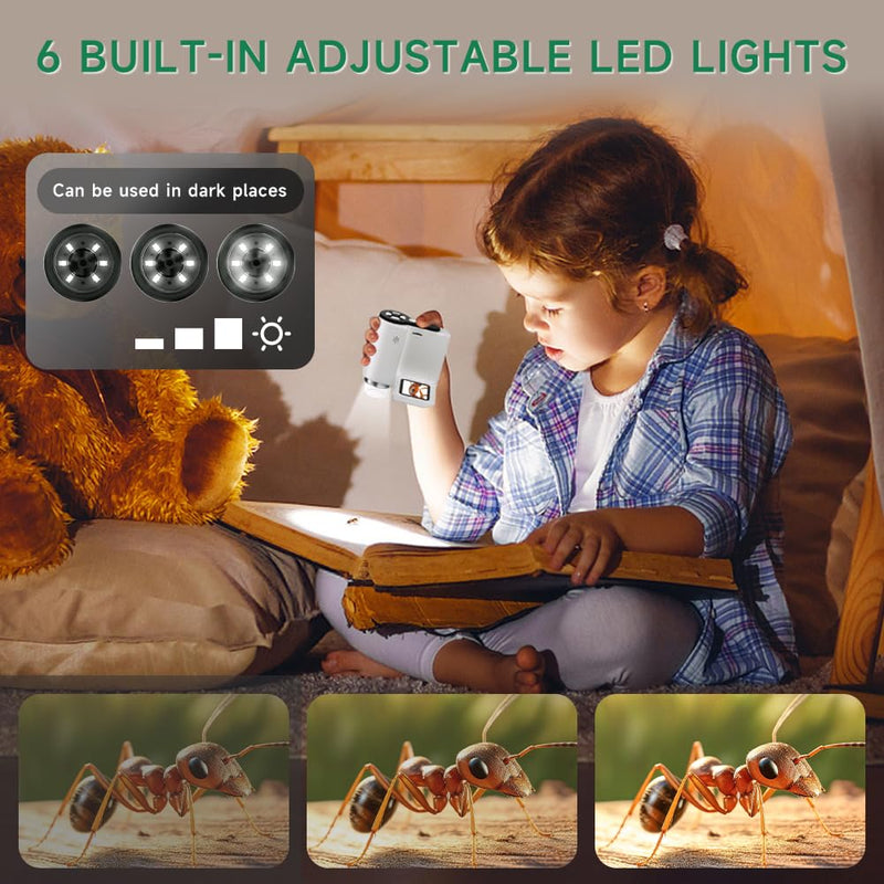 [Australia - AusPower] - Microscope for Kids, 1000X Handheld Digital Microscope with 2" LCD Screen Portable Mini Microscope for Kids 3-12, PC Compatible, 32GB TF Card Included, Great Educational Tool - White & Black 