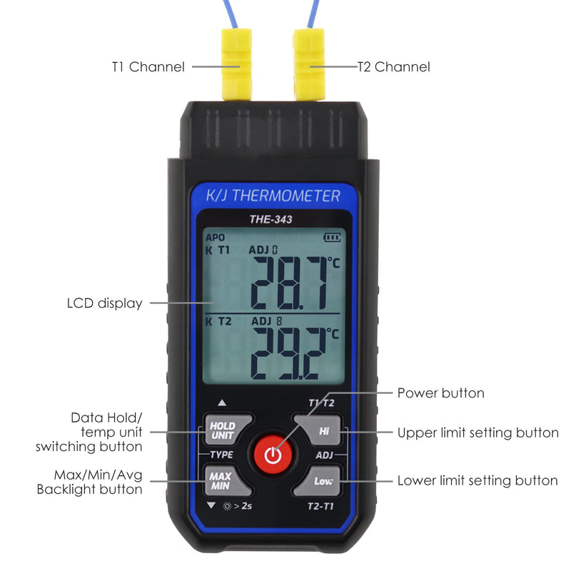 [Australia - AusPower] - Thermocouple Thermometer, Digital K Type Thermometer with 4 Thermocouples, -328~1370°C Measuring Range HVAC Thermometer Dual Channels, Temperature Meter LED Backlight and ADJ Compensation 2-channel thermometer 