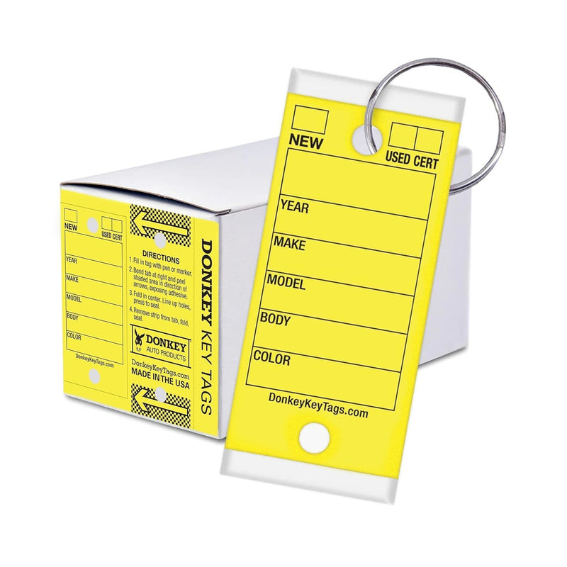 Donkey Key Tags, Laminated Self-Protecting (250 Tags Per Box with Metal Rings) (Yellow) Yellow