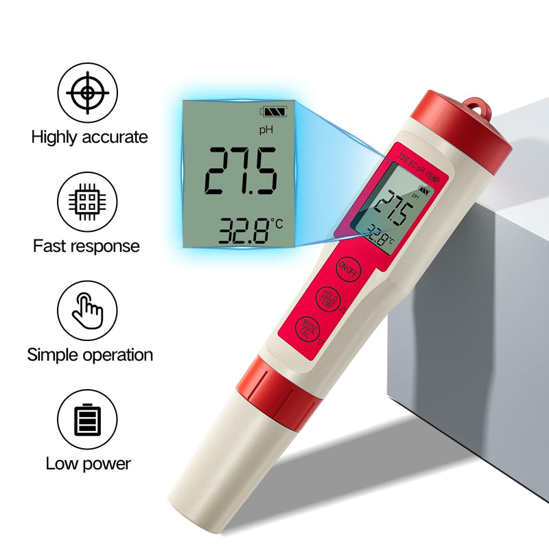 [Australia - AusPower] - ZuanXin TDS Tester, 4 in 1 Tester with PH/TDS/EC/Temp, Pool PH Tester for Drinking Water, Swimming Pools, Hot Tubs, and Spas(red and White) red 