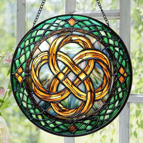 Stained Glass Suncatcher - 7.9" Celtic Knot Window Hanging, Weatherproof Emerald Green Irish Decor, Eternal Love Spiritual Gift for Mom Women Yellow