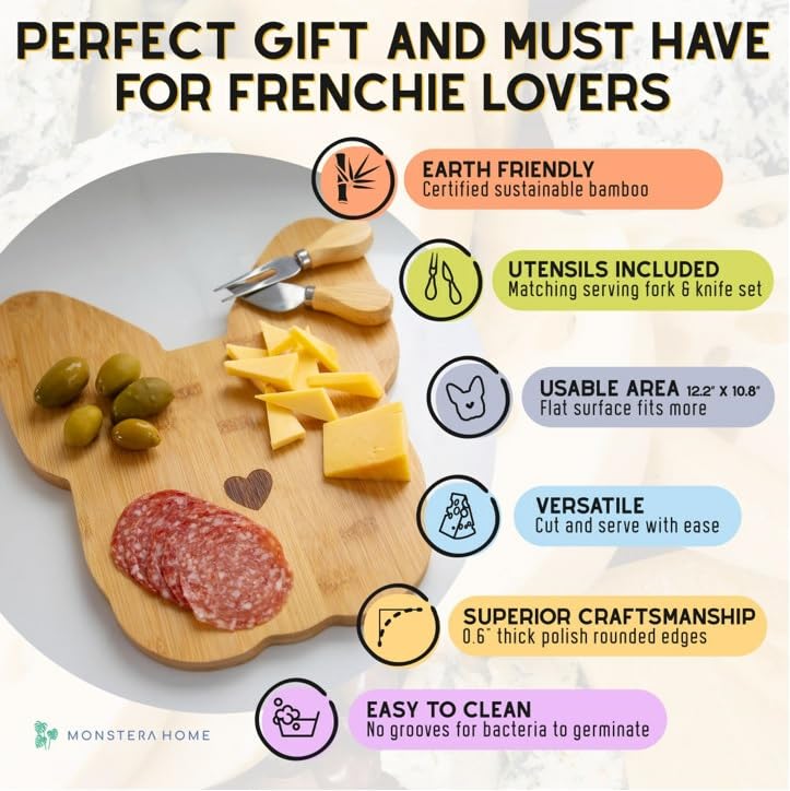 Polished Bamboo Frenchie Cheese Board/Cutting Board Set w/Matching Knife & Fork - 12.2" x 10.8 - Giftable French Bulldog Charcuterie Board