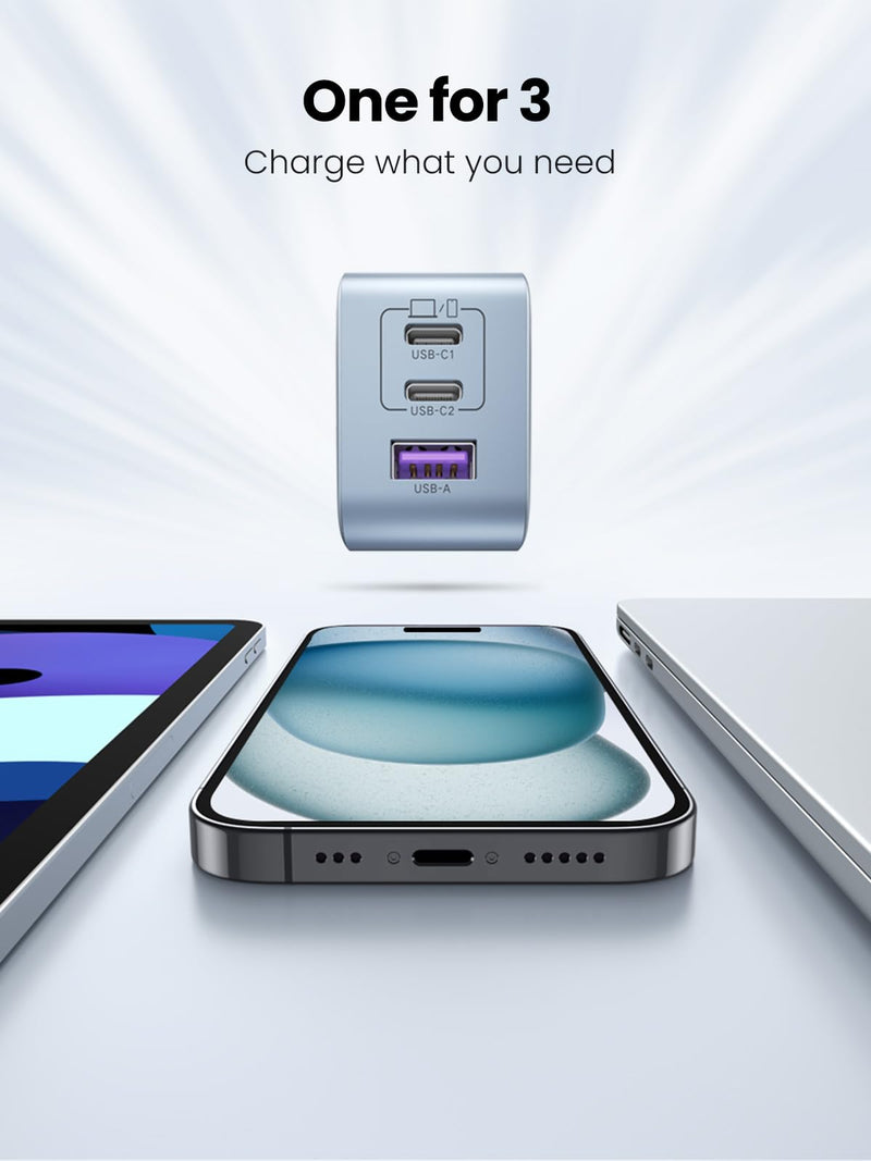 [Australia - AusPower] - UGREEN 65W USB C Charger, Nexode 3 Ports GaN Fast Charger Block, Compact Foldable Charger for MacBook Pro/Air, Dell XPS, iPhone 15 Pro Max/14/13, iPad Pro, Galaxy S23, Pixel 7 (Glacier Blue) Glacier Blue 