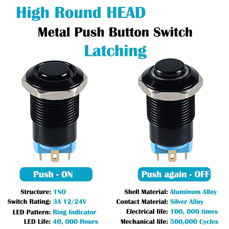 [Australia - AusPower] - 2pcs 12mm Micro Metal Latching Push Button Switch Raised Head Waterproof Anti-Vandal Self-Locking Black Shell with Wires for 1/2" Mounting Hole 12V-24V ON Off 4-Pin 1NO Halo Ring LED Light Red 