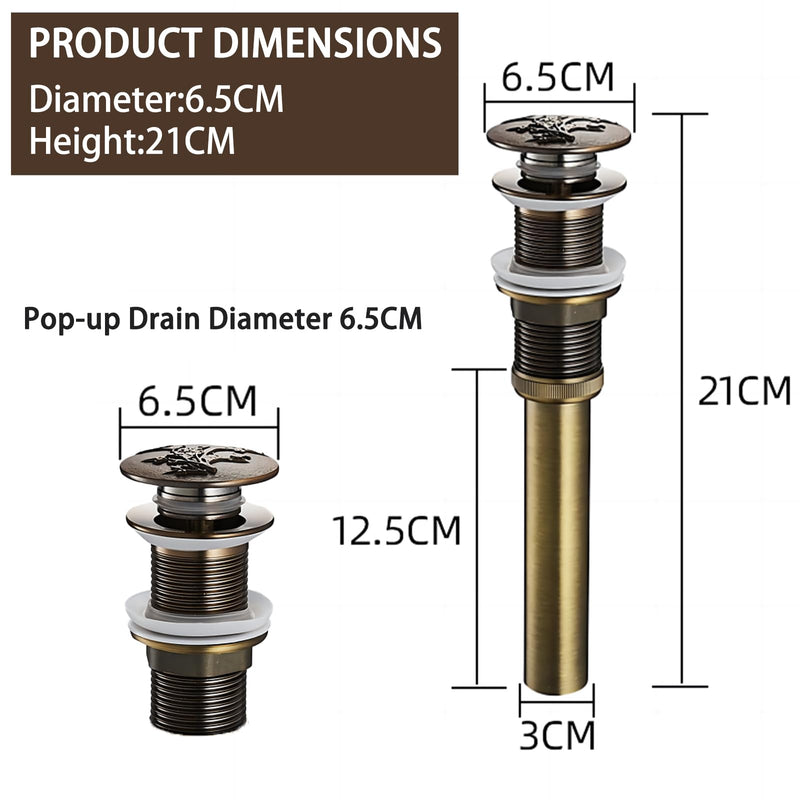 Engraved Antique Brass Pop Up Bathroom Sink Drain Strainer Stopper no Overflow Hole Kitchen Basin Sink Bottle Trap Drainer