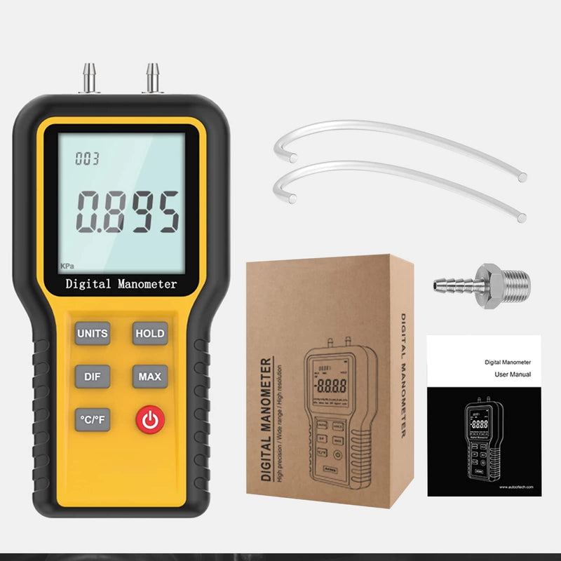 [Australia - AusPower] - Manometer Gas Pressure Tester, Digital HVAC Manometer Dual-Port Air Pressure Meter with Backlight and Data Record Function, Professional Differential Pressure Gauge with 12 Measure Units 