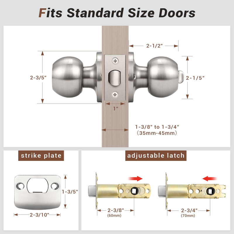Knobonly 2 Pack Bedroom/Bathroom Satin Nickel Door Knobs Privacy Door Sets Hardware Interior Ball Shap Door Handles