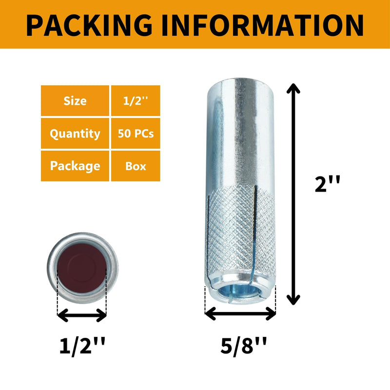 50 PCs Drop-in Anchors 1/2"-13 Zinc-Plated for Concrete, Secure Mounting, Industrial-Strength, Easy Installation - Internal Forced Expansion Screw Bolts for Solid Concrete 50