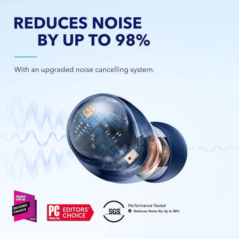 [Australia - AusPower] - Soundcore by Anker Space A40 Auto-Adjustable Active Noise Cancelling Wireless Earbuds, Reduce Noise by Up to 98%, 50H Playtime, Comfortable Fit, App Customization, Wireless Charge (Blue) Blue 