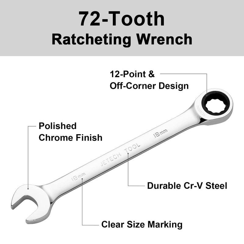 Jetech 18mm Ratcheting Combination Wrench, 12PT 72 Tooth Gear Wrench, Industrial Grade Cr-V Steel Gear Spanner for Household Garage Auto Single Metric 18mm