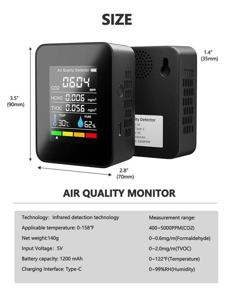 [Australia - AusPower] - Air Quality Monitor Indoor, Professional Portable CO2 Detector, TVOC HCHO Humidity Temperature Meter, Air Quality Tester Analyzer for Office Car 