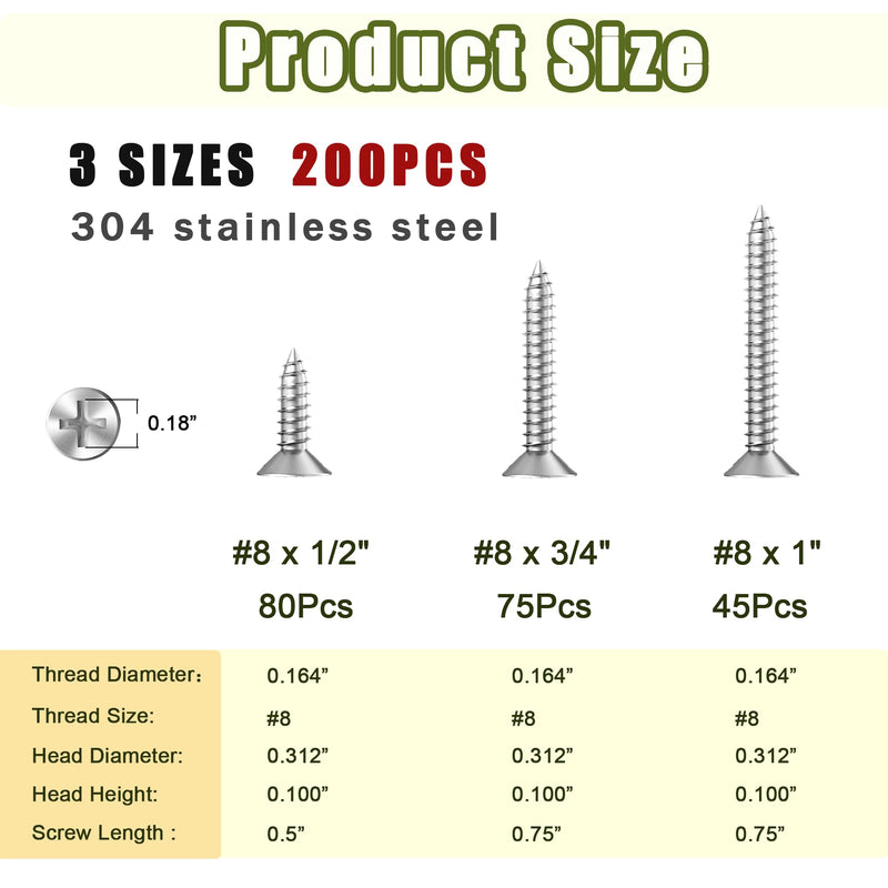 [Australia - AusPower] - 200PCS 304 Stainless Steel High Hardness Wood Screws Assortment Kit, 3 Sizes #8×1/2",#8×3/4",#8×1",Phillips Drive Flat Head, Wood Screws, Screws, Drywall Screws, Assorted Screws, Screws Set 