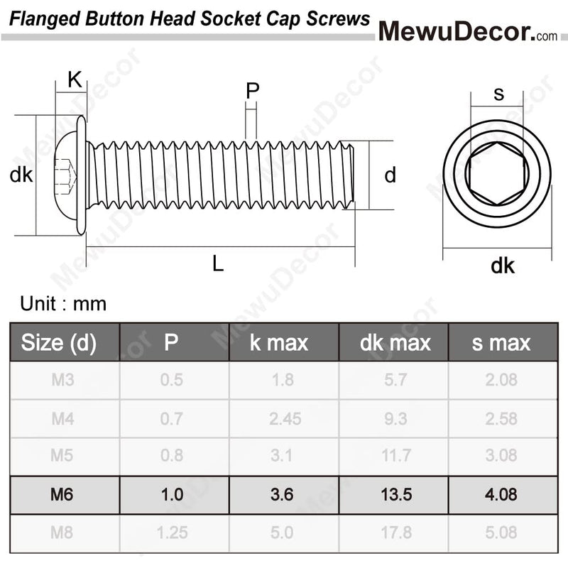 [Australia - AusPower] - M6-1.0 x 16mm Flanged Button Head Socket Cap Screws, Stainless Steel 18-8 (304), Bright Finish, Full Thread, Allen Socket Drive, 25 PCS M6 x 16mm 