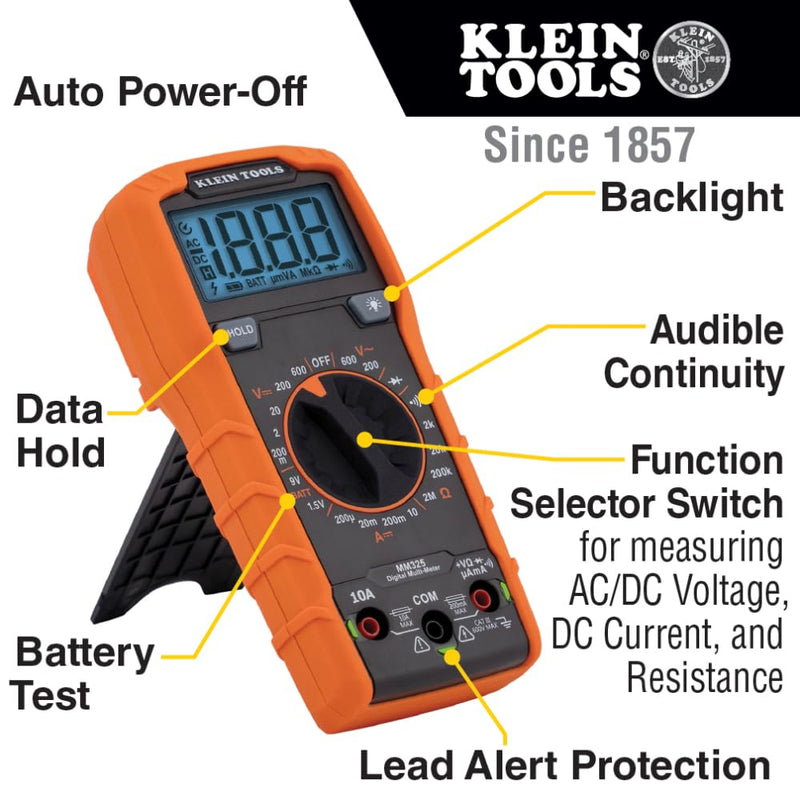 [Australia - AusPower] - Klein Tools MM325 Multimeter, Digital Manual-Ranging 600V AC/DC Voltage Tester, Tests Batteries, Current, Resistance, Diodes, and Continuity 