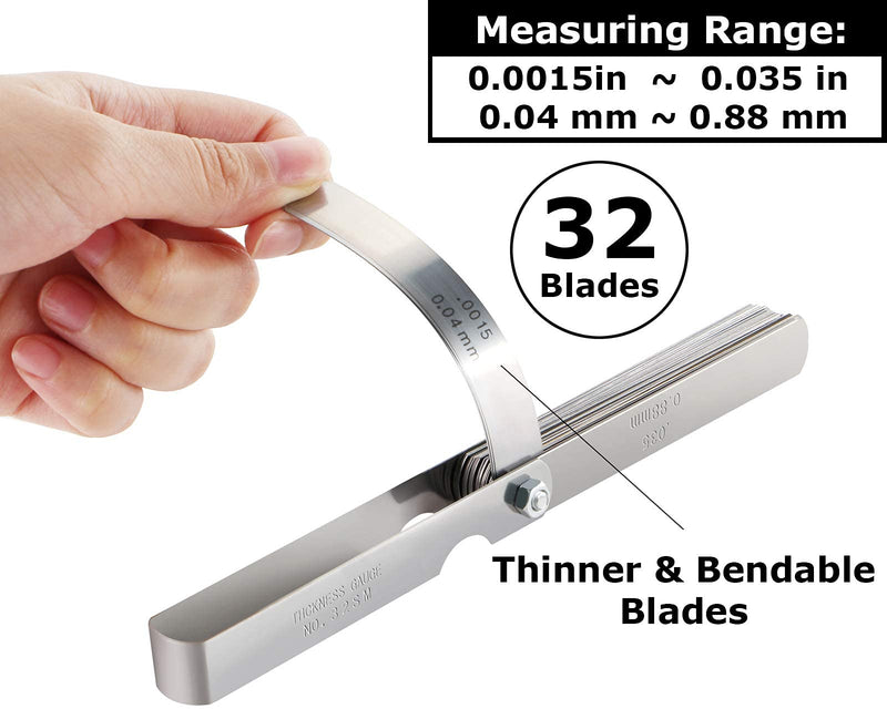 [Australia - AusPower] - Universal Feeler Gauge Set Stainless Steel Thickness Gauge 32 Blades 0.04-0.88 mm (0.0015-0.035 Inch) Metric/Imperial for Measuring Gap Width and Thickness for Guitar, Spark Plug, Piston Measure 