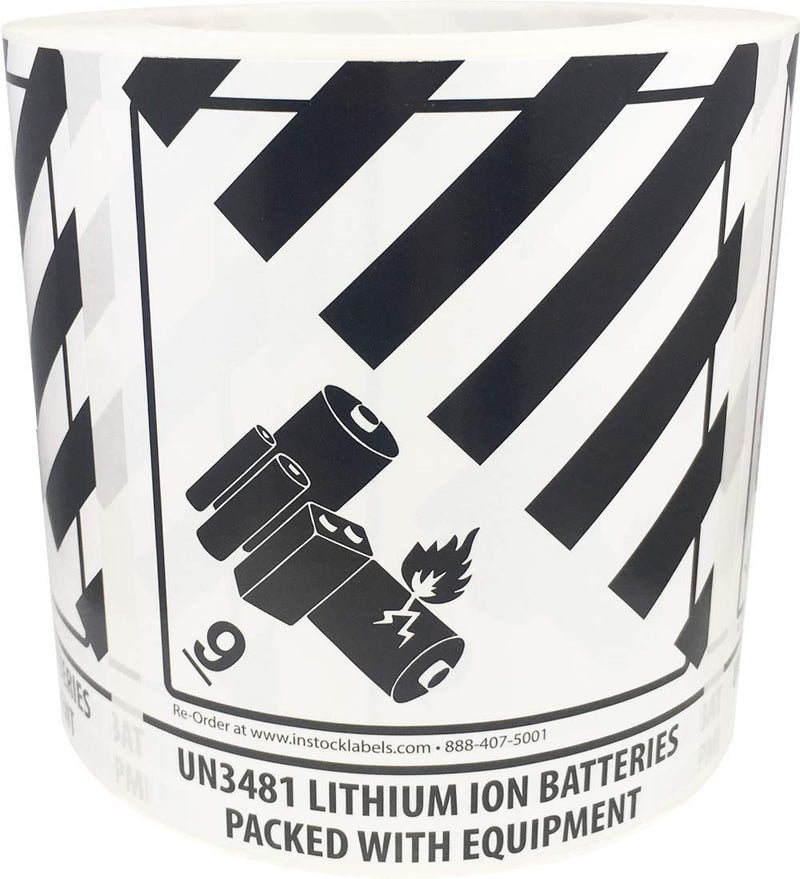 Lithium Ion Batteries Packed with Equipment UN3481 Hazard Class 9 Labels, 4 x 4.75 Inch Square Black and White Adhesive Stickers, 500 Total – Made in the USA