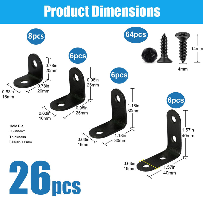 [Australia - AusPower] - 26 PCS Corner Bracket Brace Set Stainless Steel 90-Degree Corner Braces Kit for Wood Furniture Cabinet Chair Black, Kit 26 
