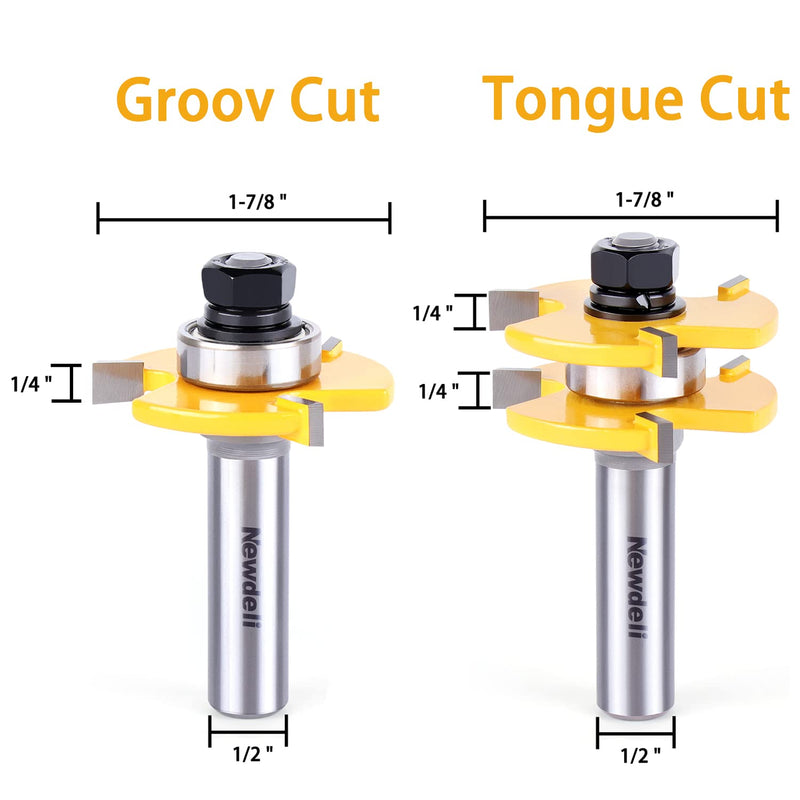 [Australia - AusPower] - Tongue and Groove Router Bit Set 1/2 Inch Shank?Newdeli 3 Teeth Adjustable T Shape Wood Milling Cutter, Tongue Groove Router Bits 1/2" Shank * 3/4" Stock * 1/2" Depth 