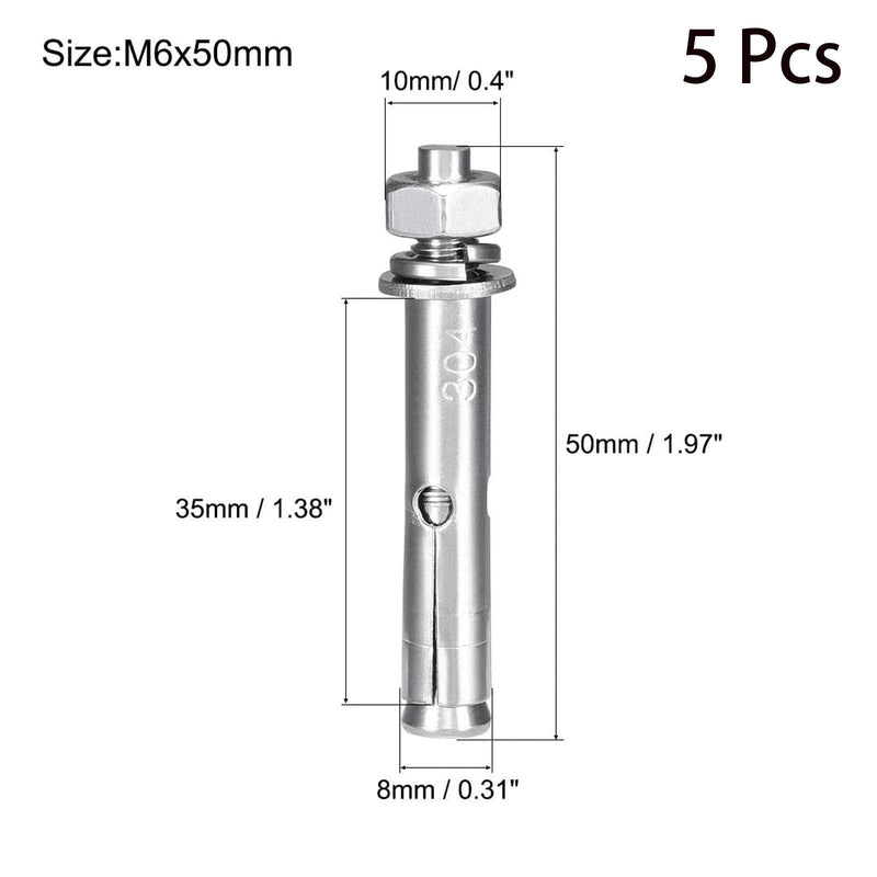 [Australia - AusPower] - 5 Pcs M6 x 50mm 304 Stainless Steel Expansion Bolt External Hex Expansion Screw Bolt Sleeve Anchor?Pool Safety Cover Expansion Bolts?for Concrete M6x50mm 