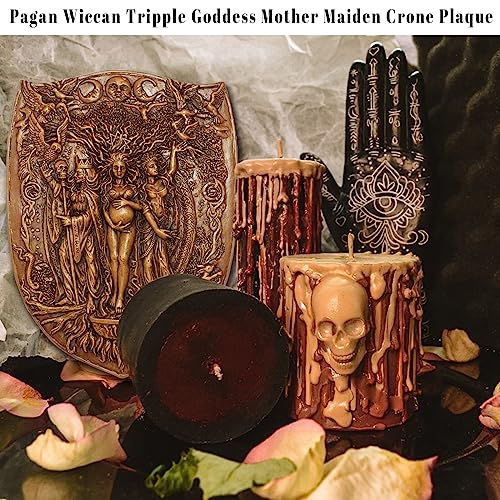 Pinra Triple Moon Wall Decor Pagan Wiccan Triple Goddess Maiden Mother Crone Shield Statue Celtic Wall Art Irish Feminism Gods Hanging Shield Wall Plaque Sculpture Khaki