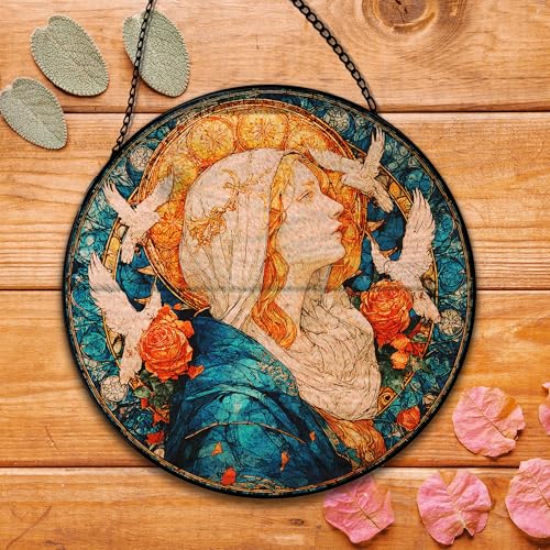 Christian Virgin Mary Suncatcher Garden Stained Glass Window Hanging, Our Lady of Grace Sun Catchers Indoor Window Glass Round Wall Decor, Religious Wall Art Hanging Decorations, ＂7.8x7.8＂