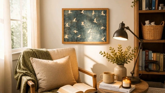 Framed Flying Bird Wall Art,Vintage Minimalist Flock of White Birds Print Flying Bird Beige Frame Framed 16"L x 12"W