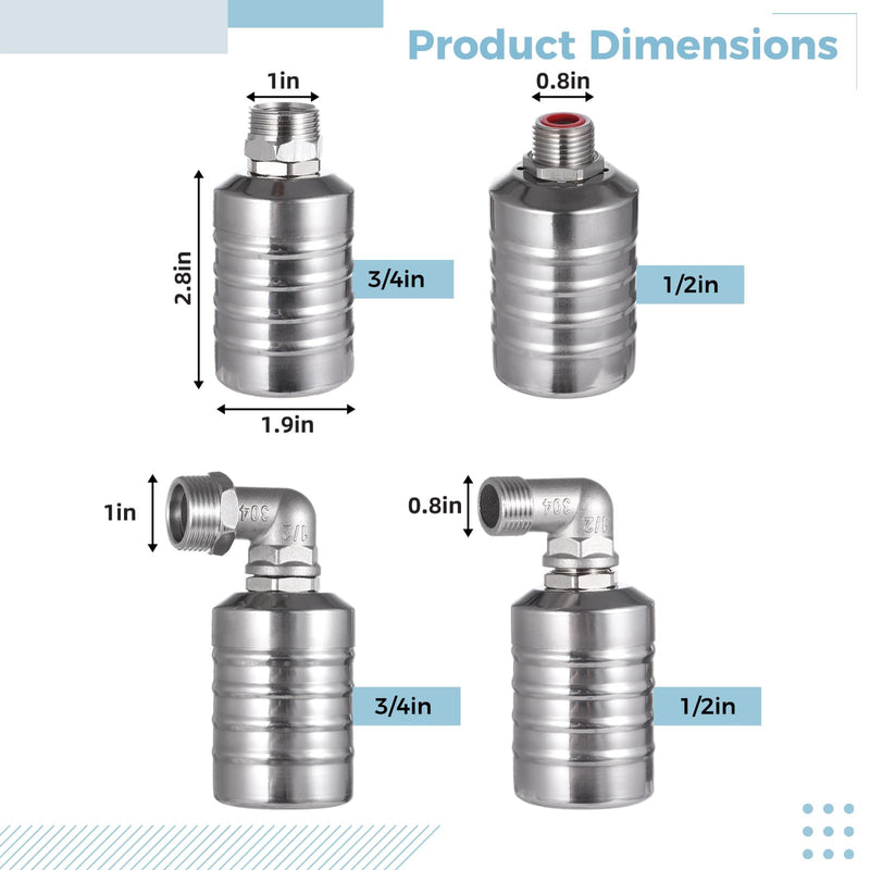 [Australia - AusPower] - 2 PCS Float Valves, 1/2" to 3/4" Fully Automatic Water Tank Float Valve, 304 Stainless Steel Water Level Control Float Valve for Water Tanks, Kitchens, Water Towers, Pools, Livestock Troughs 