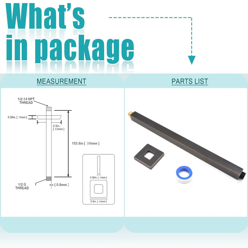 Oil Rubbed Bronze Shower Arm with Flange and Teflon Tape for High Ceiling Fixed Rain Showerhead, Universal Connection 16-inch Square Straight Shower Head Extender Extension Pipe, 304 Stainless Steel 16inch Oil Rubbed Bronze