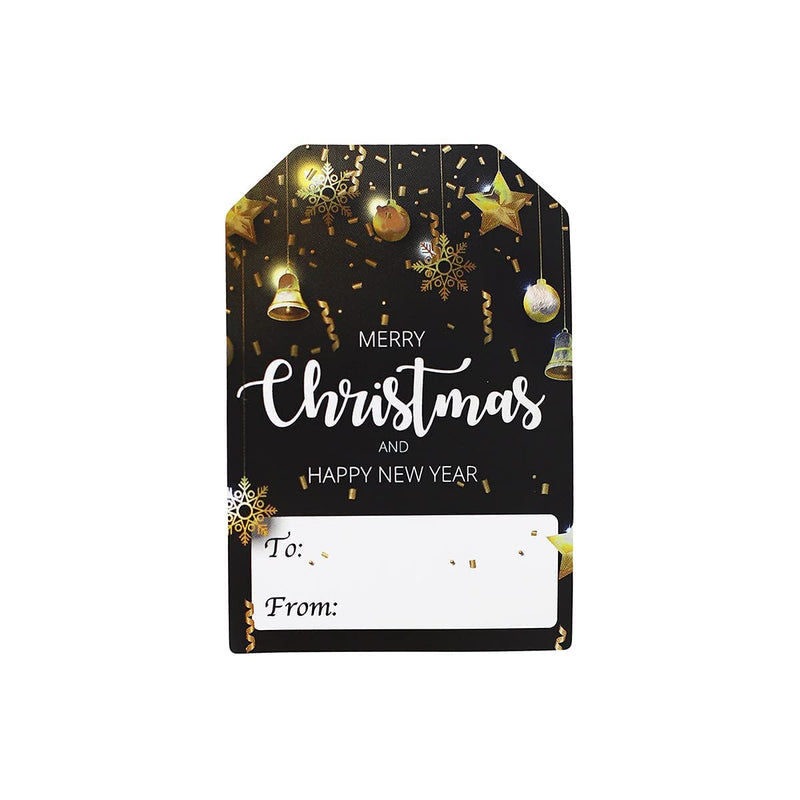 Black and Gold Christmas Gift Tags – 2 x 3 Inch Holiday Labels, Roll of 100 Stickers – Luxury ‘Merry Christmas’ and Classic Tree Adhesive Stickers, Made in The USA