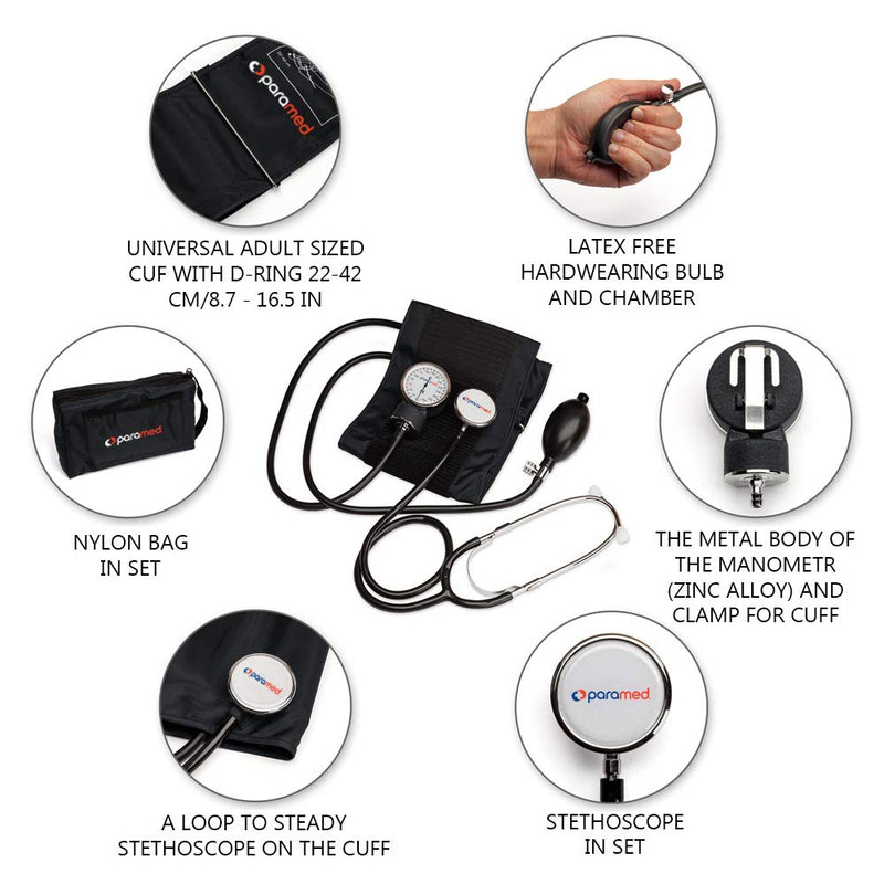 [Australia - AusPower] - PARAMED Aneroid Sphygmomanometer with Stethoscope – Manual Blood Pressure Cuff with Universal Cuff 8.7-16.5" and D-Ring – Carrying Case in The kit – Black 