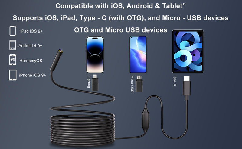 [Australia - AusPower] - Endoscope Camera with Light, 1920P HD Borescope, 8 Adjustable LED Light, IP67 Waterproof 16.4ft Snake Camera, Semi-Rigid Cable Inspection for Android, iOS 