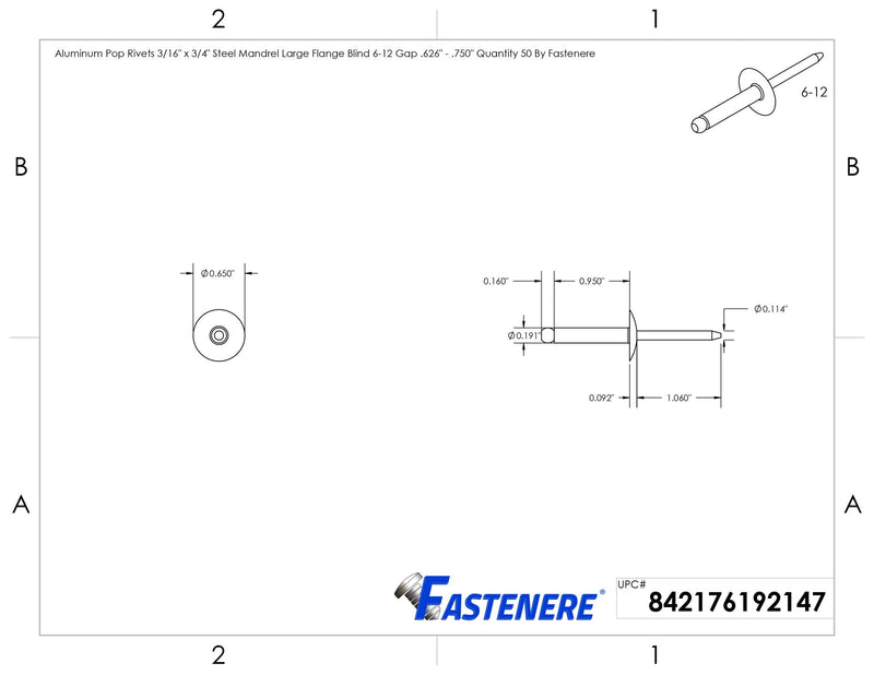 [Australia - AusPower] - Large Flange Pop Rivets 3/16" x 3/4" Aluminum Body Steel Mandrel Large Dome Head 6-12 Gap .626" - .750" Quantity 50 by Fastenere 3/16" x 3/4" (6-12) (50 Pack) 