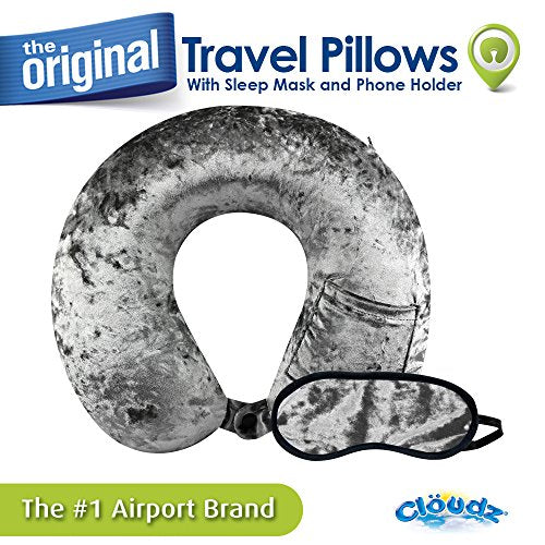 Cloudz Crushed Velvet Ultra Premium Comforlite Memory Foam Airplane Travel Neck Pillow with Matching Luxuriously Soft Black Out Sleep Mask - Grey