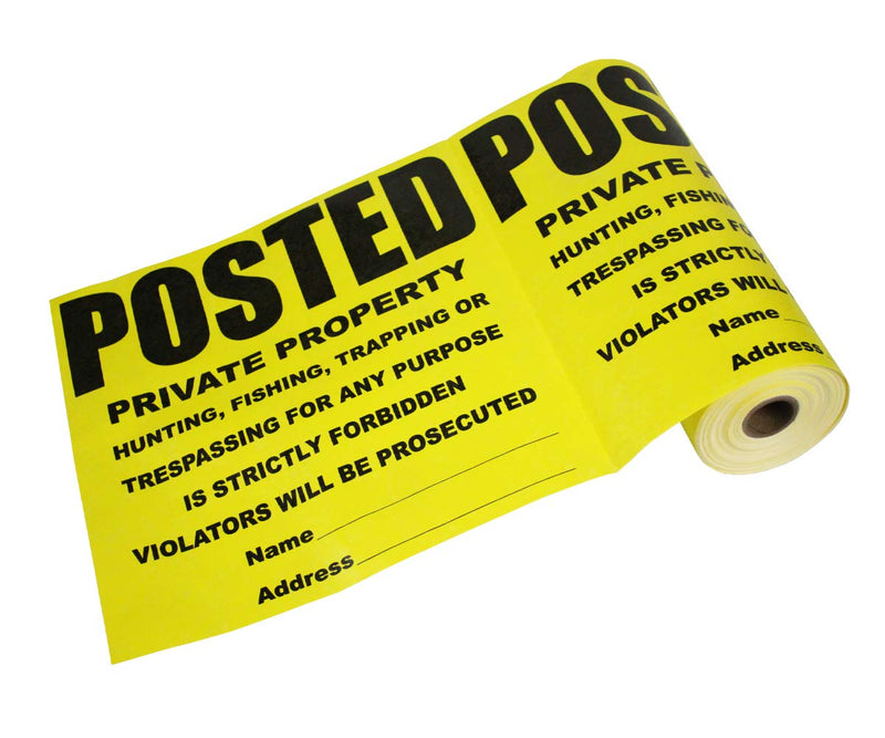 100 Per Roll Custom Posted Yellow Private Property Sign by WristCo - 11" x 11 " Outdoor, Weatherproof Tear- Resistant Tyvek High Visibility for Warning No Trespassing Hunting Fishing Trapping, Made in USA 100 Signs