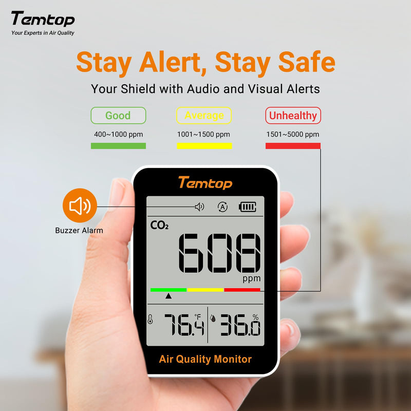 [Australia - AusPower] - Temtop CO2 Monitor Indoor air Quality Monitor Portable CO2 Meter, CO2, Temperature, Humidity Home, Office or School Standard version 1 