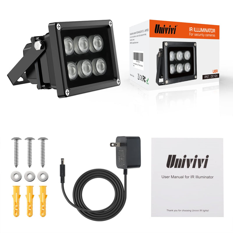 [Australia - AusPower] - Univivi Infrared Illuminator, 850nm 6 LEDs 90 Degree Wide Angle IR Illuminator for Night Vision, Waterproof LED Infrared Light for CCTV Security Camera, with Power Adapter, Black Black-6W 