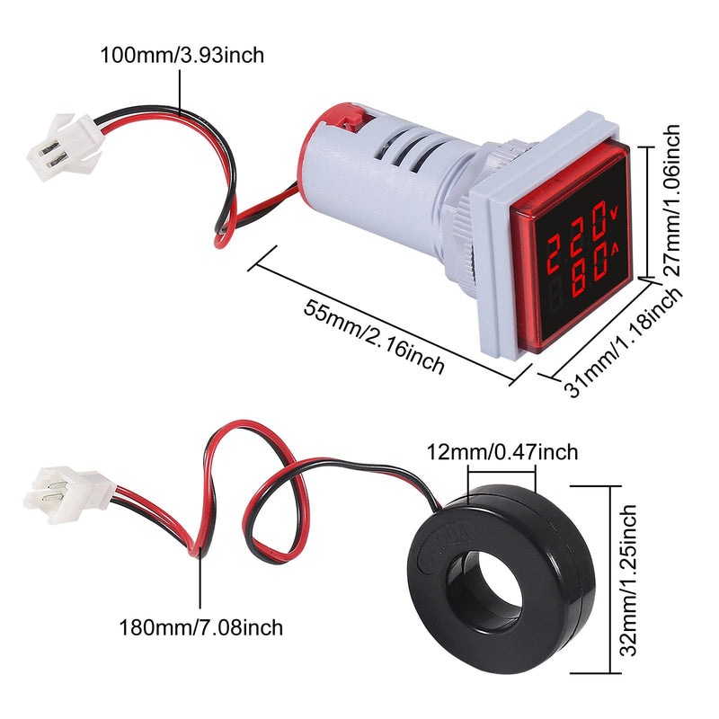 [Australia - AusPower] - 2pcs LED Display Voltmeter Ammeter,22mm Square Dual Display Digital Voltage Gauge Current Tester AC 0-100A 60-500V Meter Indicator(Red) 