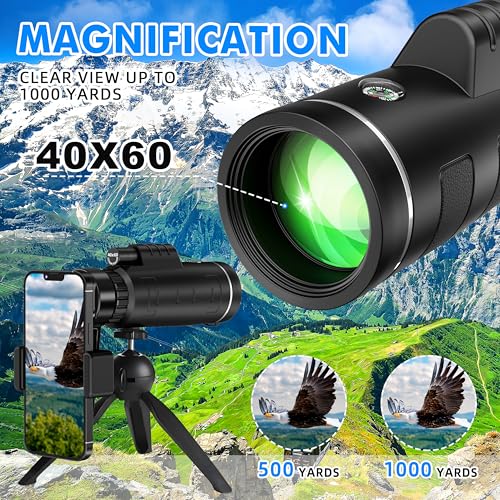 40x60 Monocular Telescope with Smartphone Adapter and Telescope Case High Powered Monocular, Compact Monocular for Wildlife, Hunting, Camping, Travel &Outdoor Adventures Black