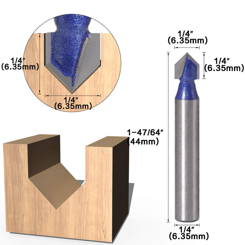 Yakamoz Industrial Grade 1/4-Inch Shank 90 Degree V Groove Router Bit Set CNC Engraving V Grooving Bit Cutter for 3D Signmaking Lettering Carving Woodworking Tool, Cutting Dia. 1/4", 5/16", 3/8", 1/2" V Groove Router Bits