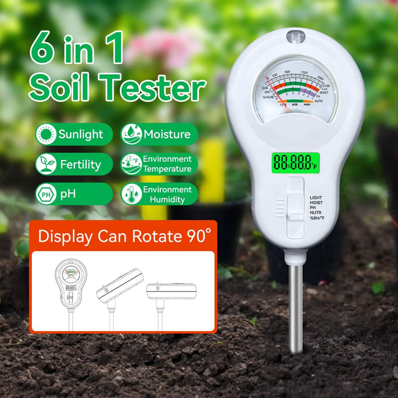 [Australia - AusPower] - Soil Tester 6-in-1 Soil Moisture Meter Sunlight/Moisture/Fertility/PH/Environment Temperature/Environment Humidity,Backlight LCD Display for Gardener,Lawn, Farming,Plant Care,Potting Soil Growing 