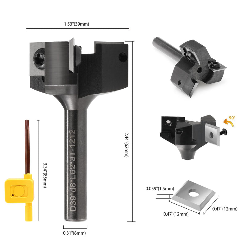 [Australia - AusPower] - Face Milling Cutter 8 mm Shank 3 Flutes with 10 Interchangeable Carbide Blades (12 x 12 x 1.5 mm) for Wood Diameter 39 mm, Professional Face Milling Cutter for Routers and CNC Machines (D=39 S=8) S=8,D=39 
