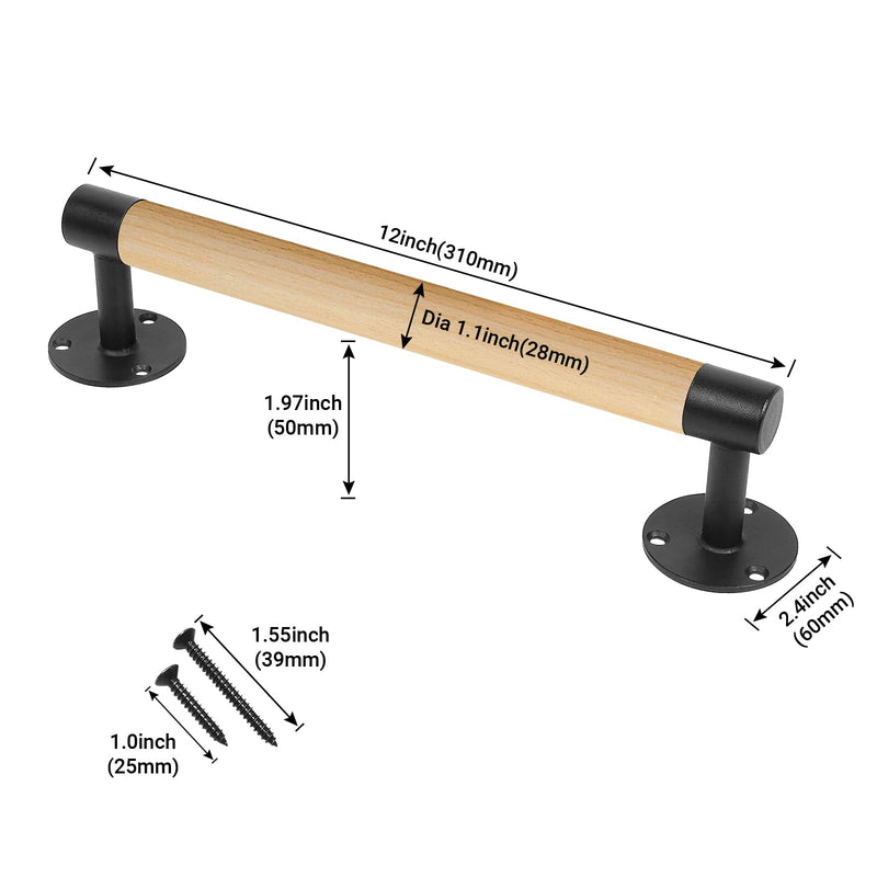 2 Pack 12 Inch Wooden Sliding Barn Door Pull Handles W/T Metal Brackets - Wood Grab Bars Gate Pulls for Shed Garage, Fence, Patio, Pantry, Closet Cabinet Furniture Door Pulls 12 INCH- 2 PACK