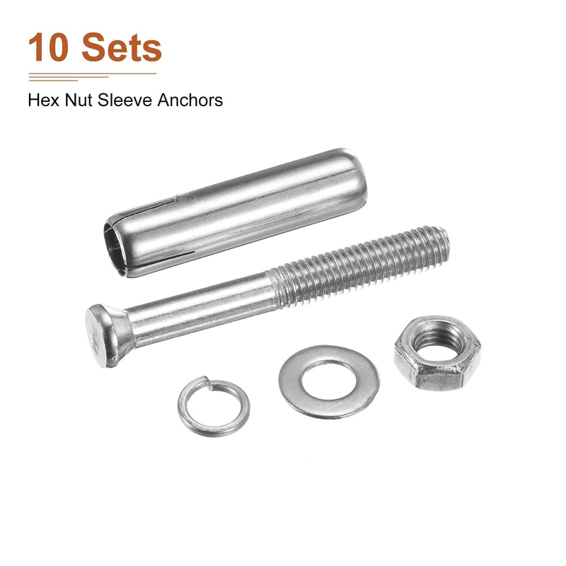 [Australia - AusPower] - 3/8" x 3" Hex Nut Sleeve Anchors - 10Pack - Good for Concrete Dry Brick Block Walls - 304 Stainless Steel - Silver 10 